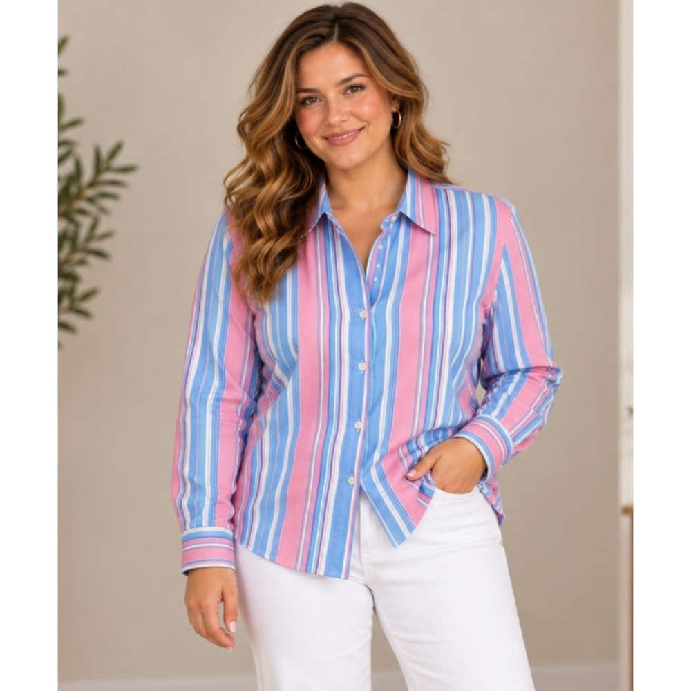 Foxcroft Button Up Shirt Womens 14 Pink Blue Striped Wrinkle Free Shaped Fit
